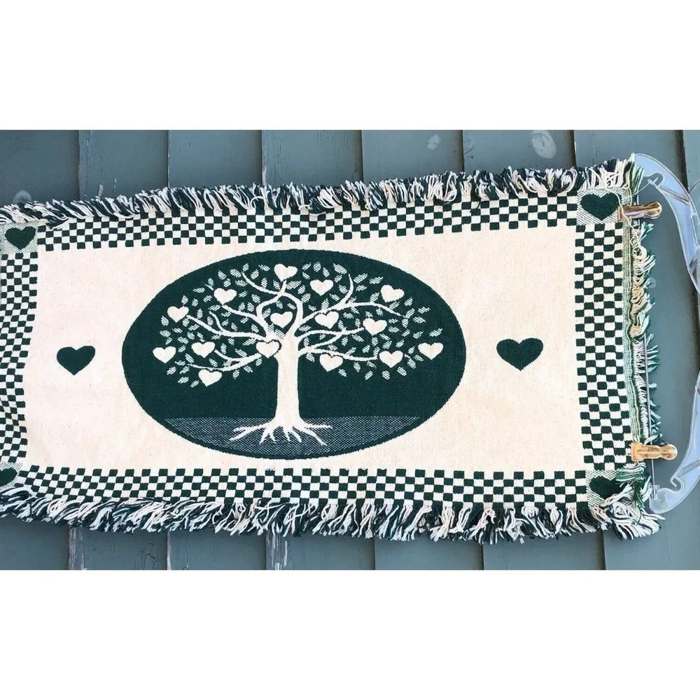 Woven table runner doily heart tree checkerboard country pattern fringe green